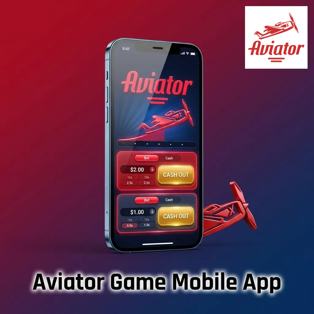 Mobile phone displaying Aviator casino game app with airplane graphic and betting interface on screen